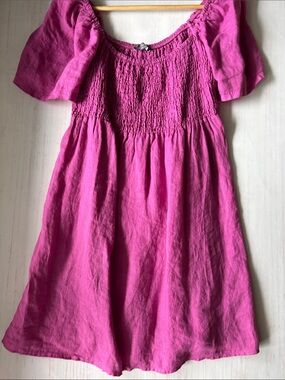 Women’s NWOT Made in Italy 100% Linen Smocked Fuchsia Pink Summer Dress